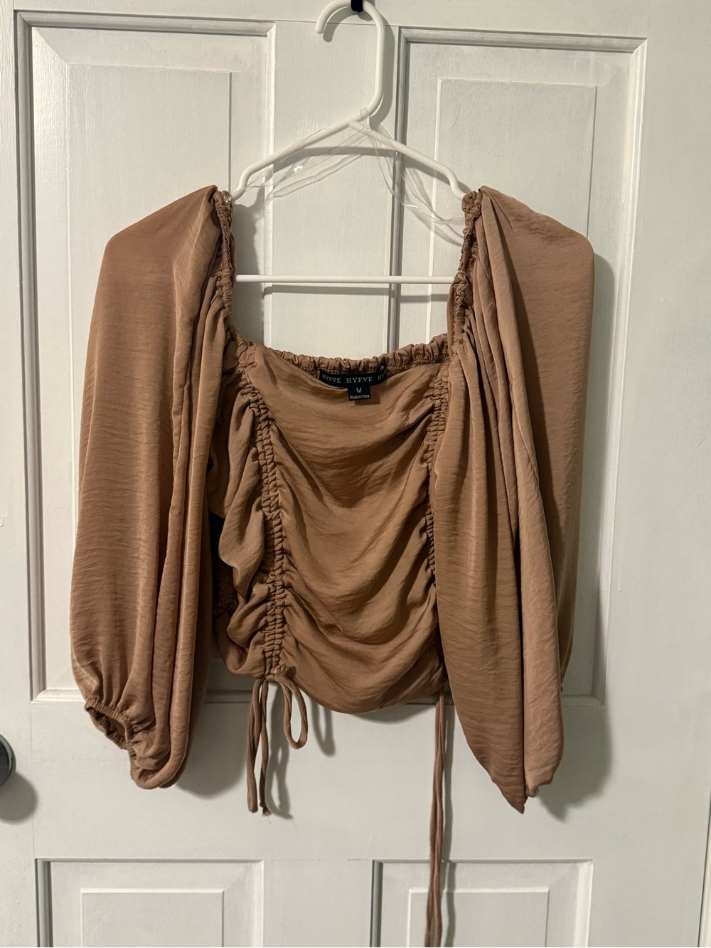 HYFVE Mauve-Tan Ruched Square Neck Long Sleeve Blouse